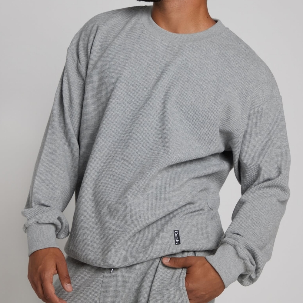 🤑PRICE FIRM🥰 NIP!❤️ COMFRT WAFFLE LOUNGE CREW LONG SLEEVE TOP Light Gray M - Picture 6 of 6